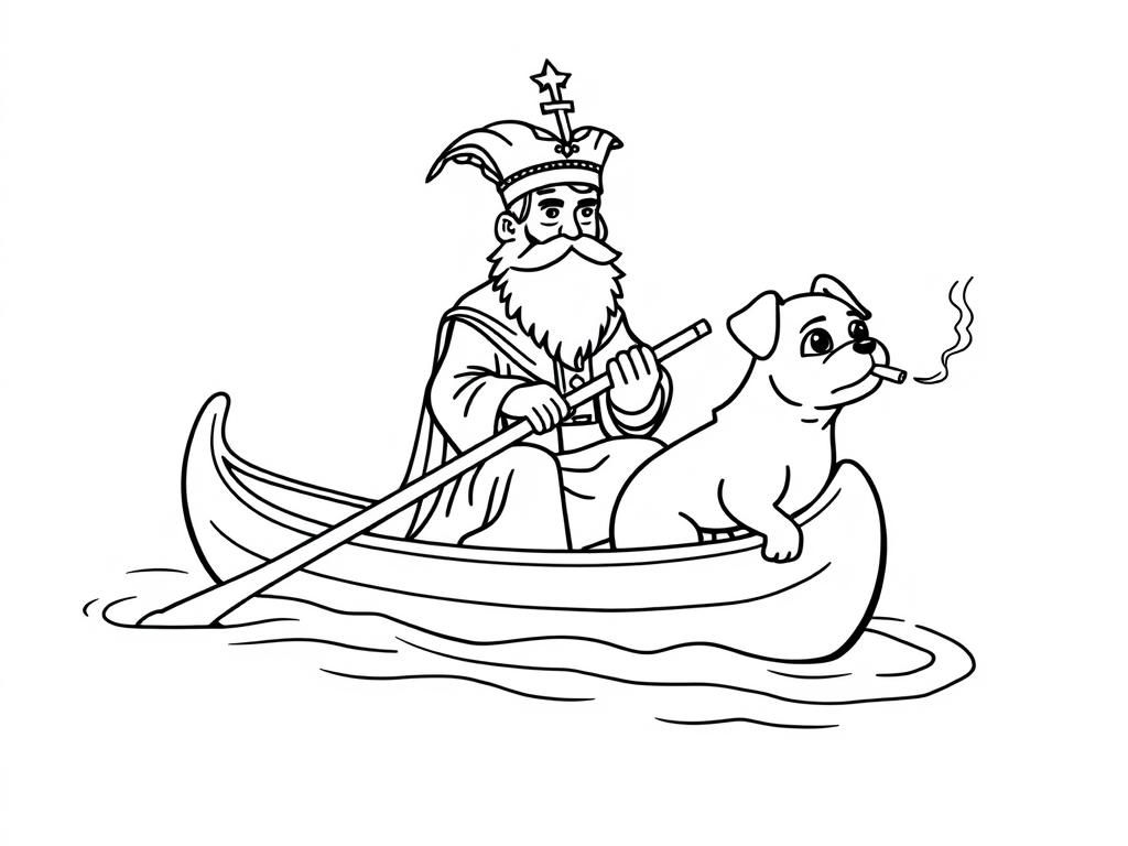 Preview of sint nicholas   on large canoe with a small brown dog smoking a cigarette butt  and  looking both at right