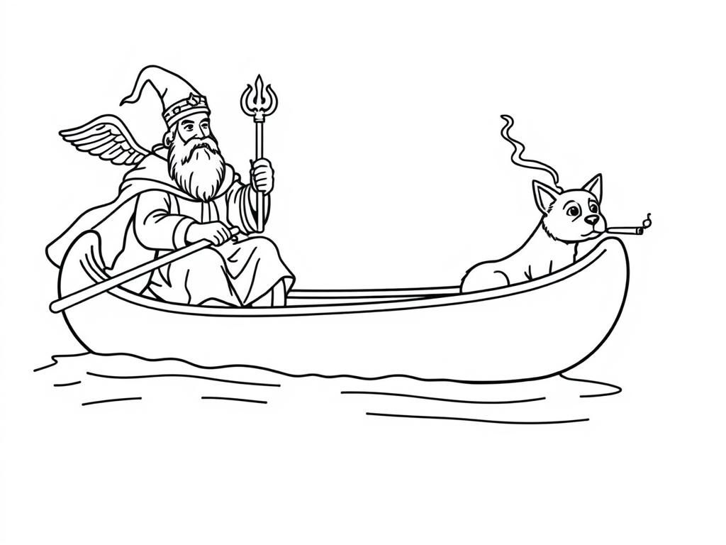 Preview of sint nicholas   on large canoe with a small brown dog smoking a cigarette butt  and  looking both at right