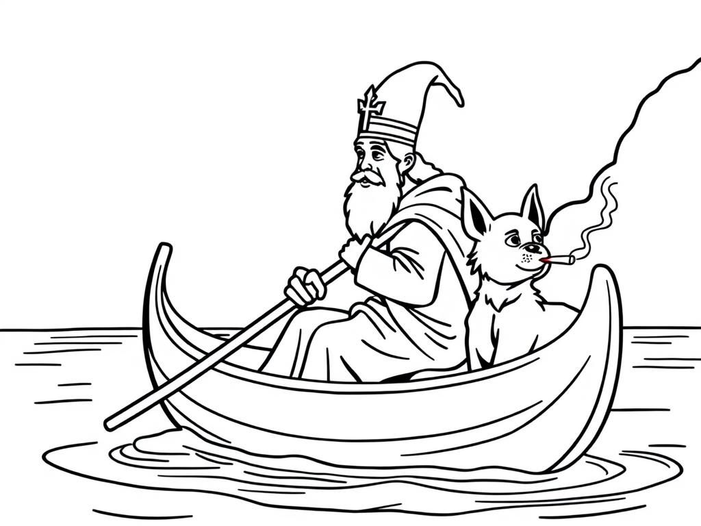 sint nicholas   on large canoe with a small brown dog smoking a cigarette butt  and  looking both at right