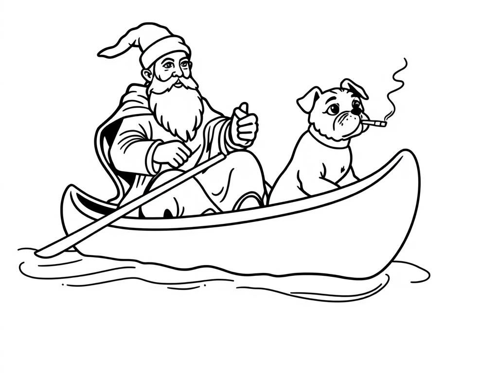 sint nicholas   on large canoe with a small brown dog smoking a cigarette butt  and  looking both at right