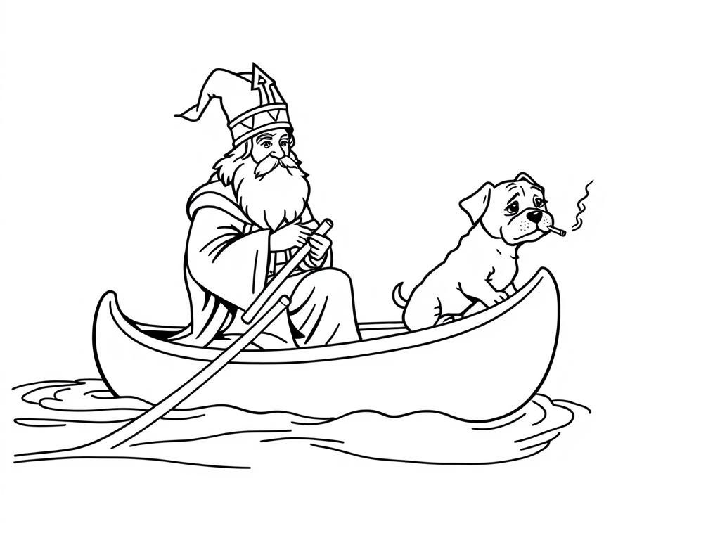 sint nicholas   on large canoe with a small brown dog smoking a cigarette butt  and  looking both at right