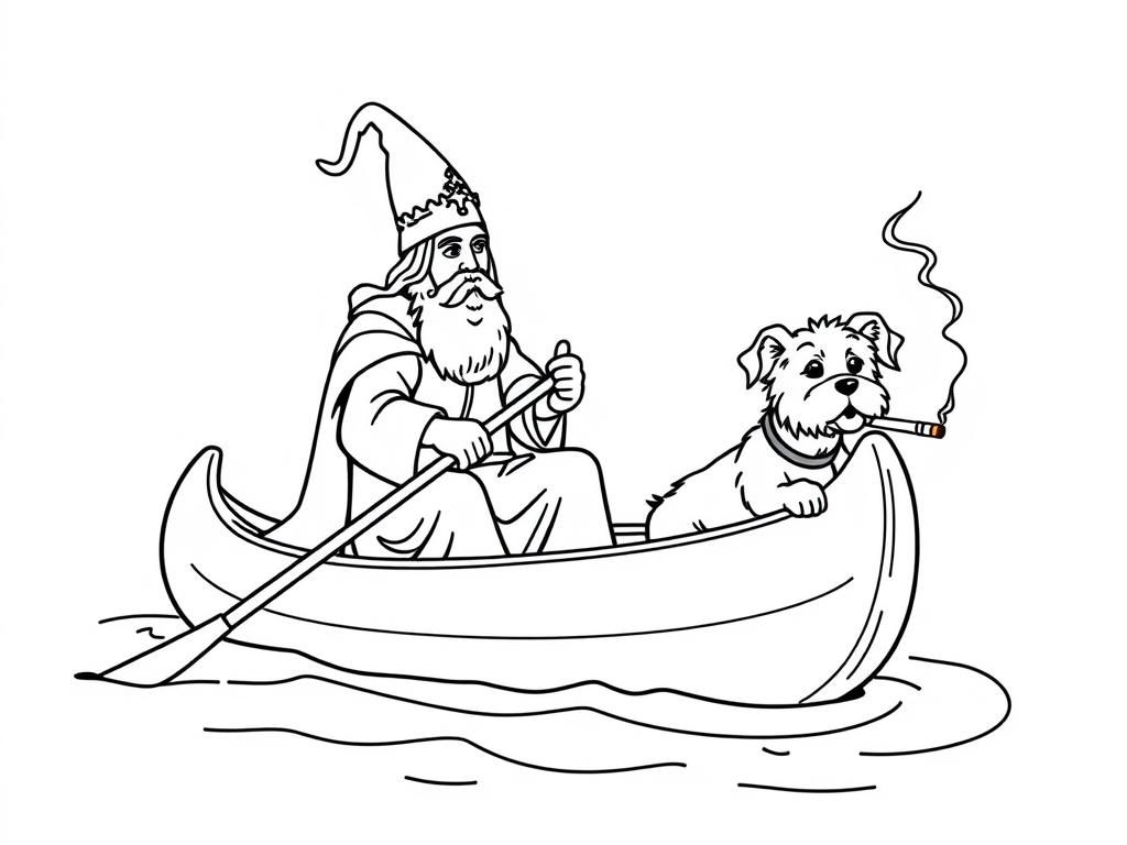 sint nicholas   on large canoe with a small brown dog smoking a cigarette butt  and  looking both at right