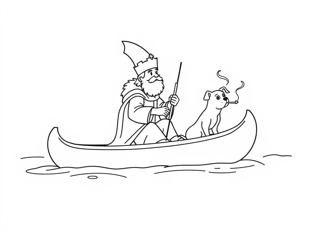 Preview of sint nicholas   on large canoe with a small brown dog smoking a cigarette butt  and  looking both at right