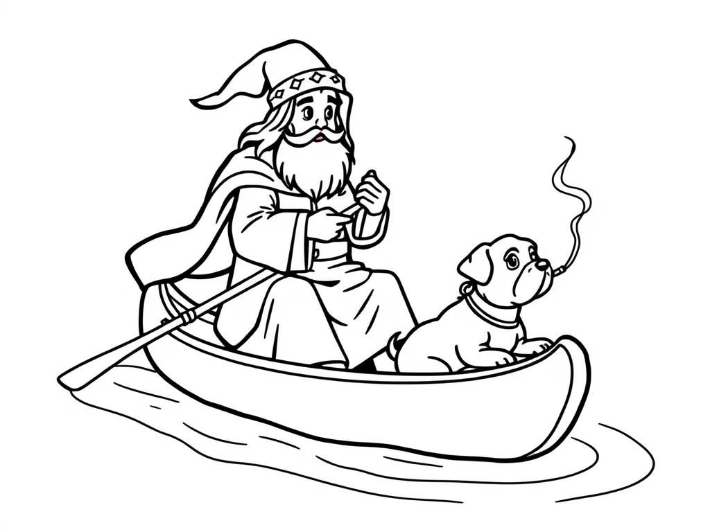 sint nicholas   on large canoe with a small brown dog smoking a cigarette butt  and  looking both at right