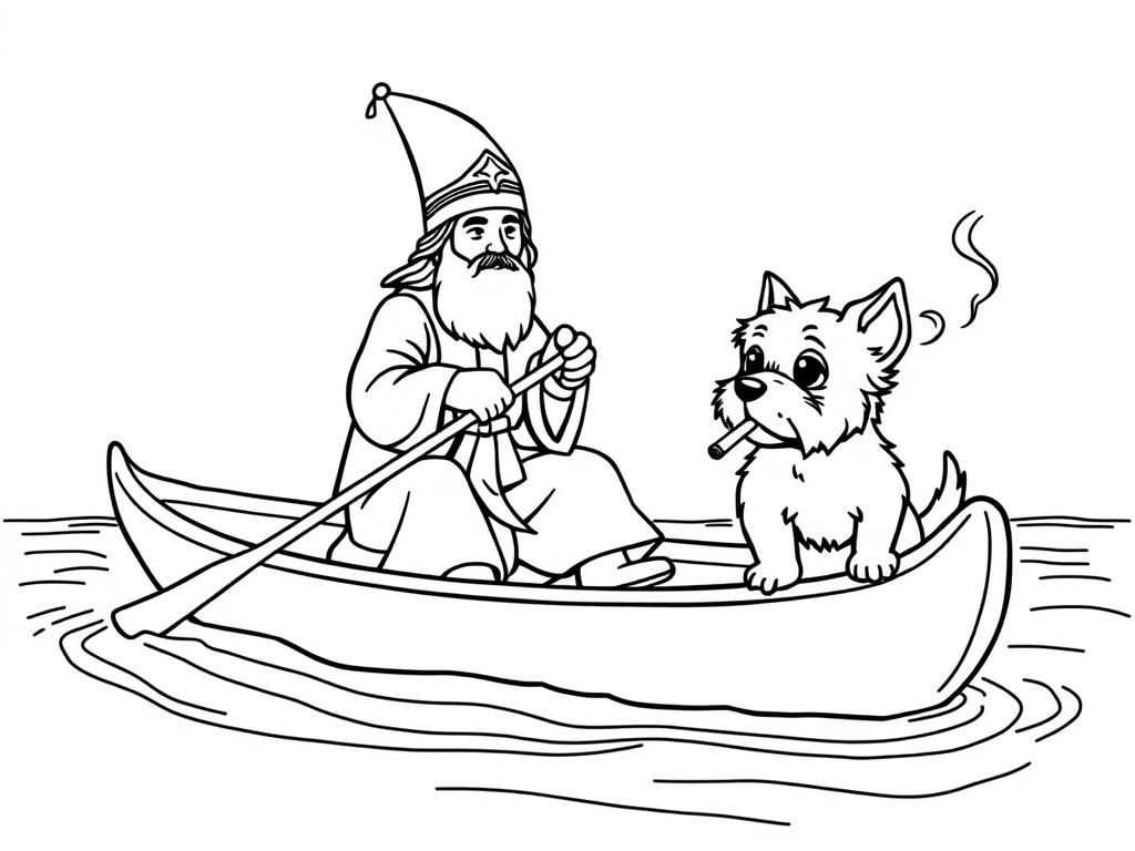 sint nicholas   on large canoe with a small brown dog smoking a cigarette butt  and  looking both at right