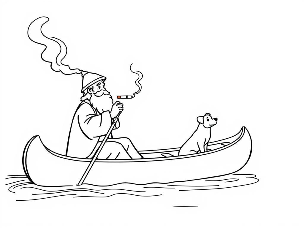 sint nicholas smoking a cigarette butt  on big canoe with a small brown dog  and  looking both at right