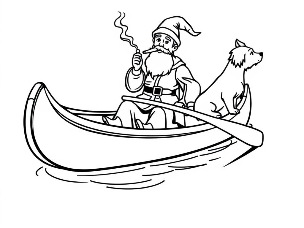 sint nicholas smoking a cigarette butt  on big canoe with a small brown dog  and  looking both at right