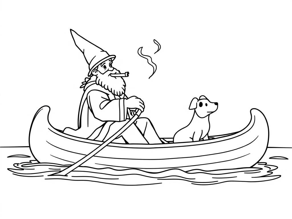 sint nicholas smoking a cigarette butt  on big canoe with a small brown dog  and  looking both at right