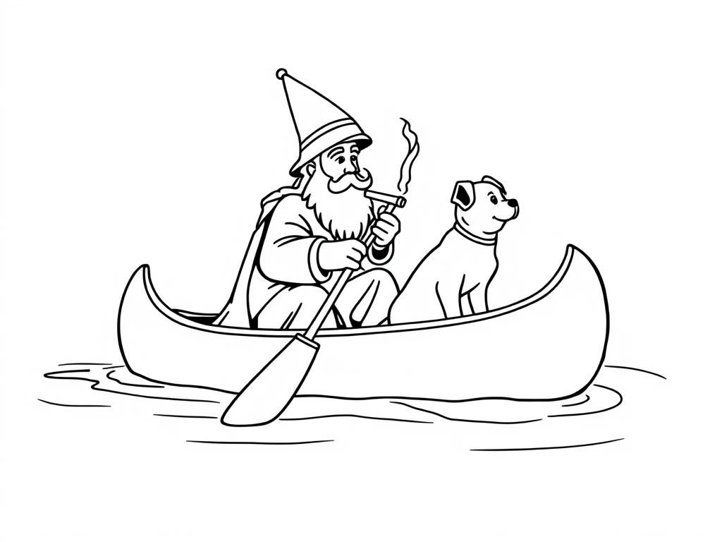 sint nicholas smoking a cigarette butt  on big canoe with a small brown dog  and  looking both at right