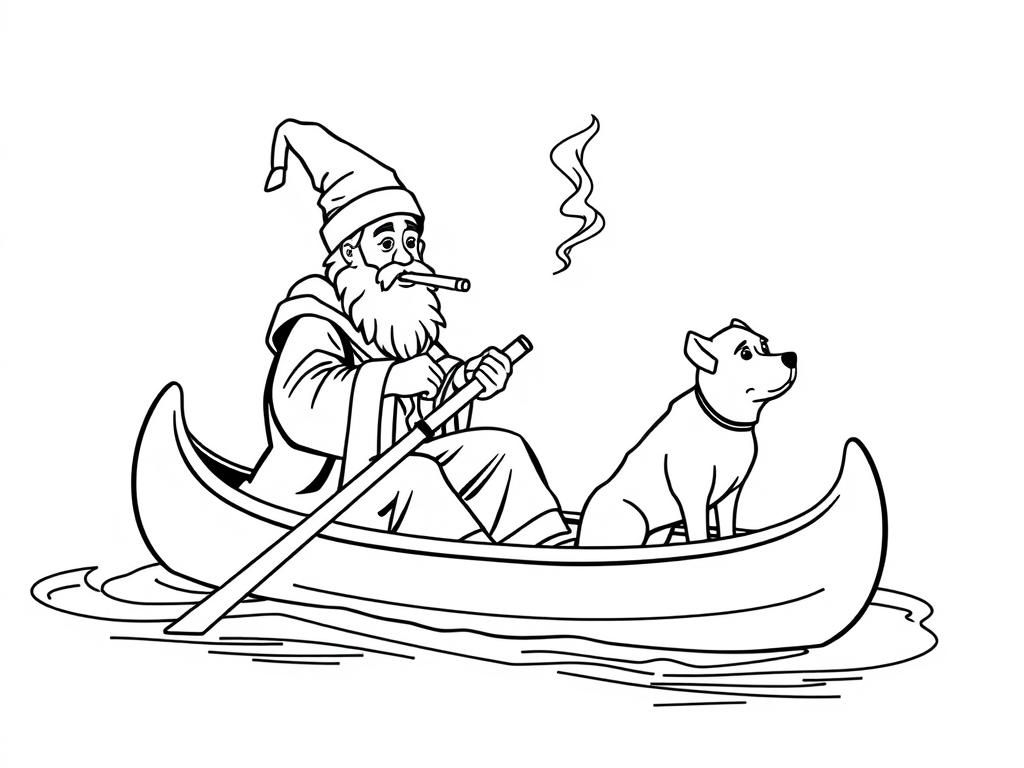 sint nicholas smoking a cigarette butt  on big canoe with a small brown dog  and  looking both at right