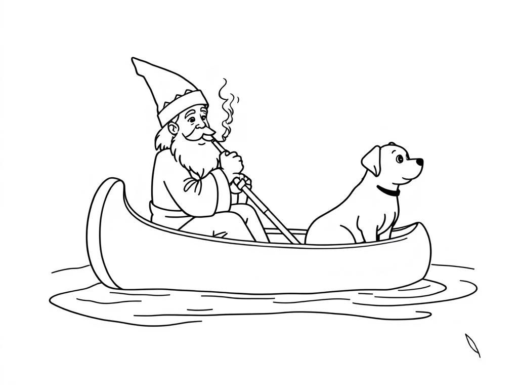 sint nicholas smoking a cigarette butt  on big canoe with a small brown dog  and  looking both at right