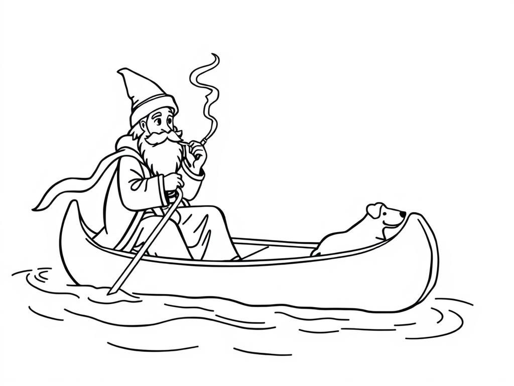 sint nicholas smoking a cigarette butt  on big canoe with a small brown dog  and  looking both at right