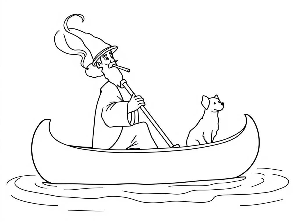 Preview of sint nicholas smoking a cigarette butt  on large canoe with a small brown dog  and  looking both at right