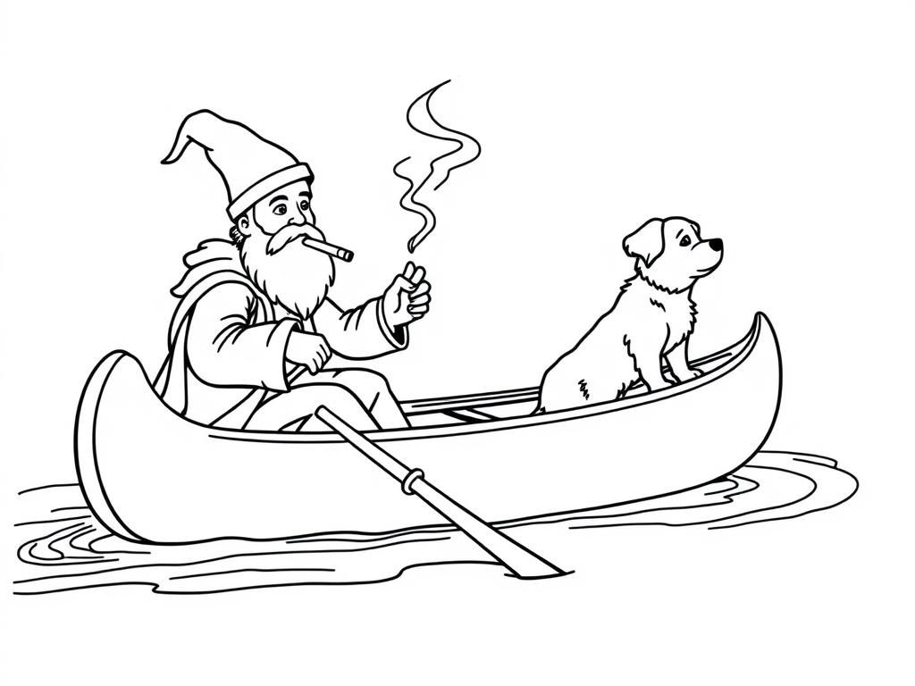 sint nicholas smoking a cigarette butt  on large canoe with a small brown dog  and  looking both at right