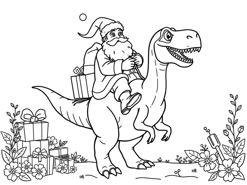 Preview of Sinterklaas riding a dinosaur with presents and flowers in the background