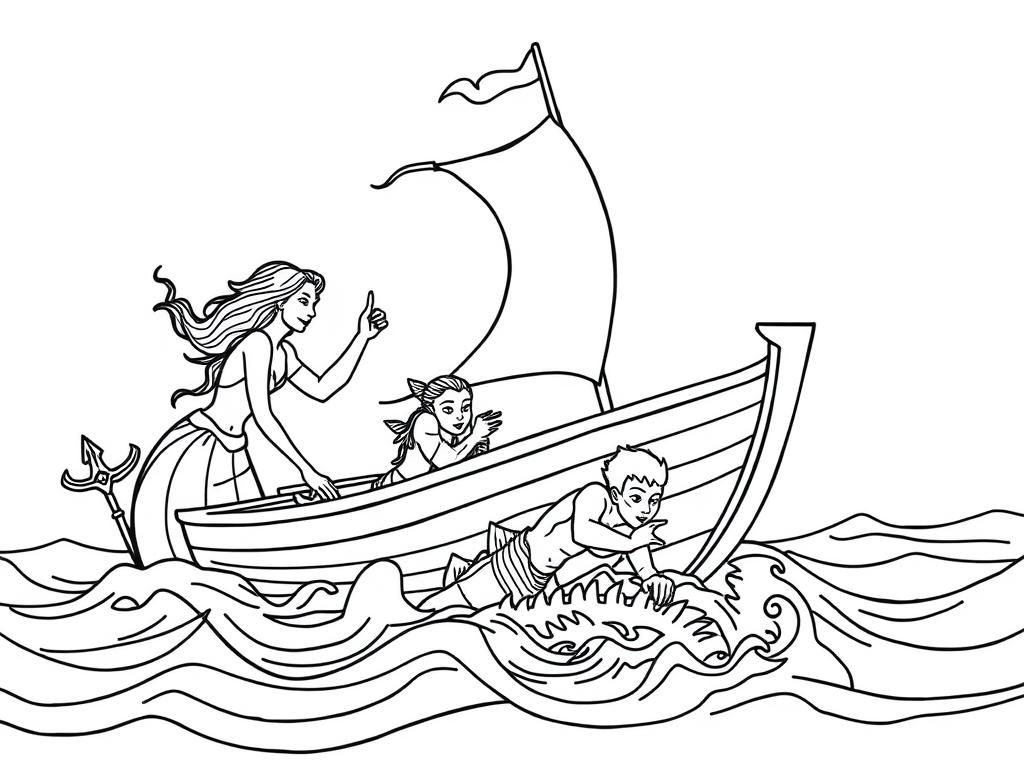 Sirens sneaking up a small boat and pulling a man down into the ocean - Free Printable Coloring Page