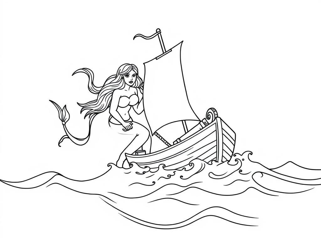 Sirens sneaking up a small boat and pulling a man down into the ocean - Free Printable Coloring Page