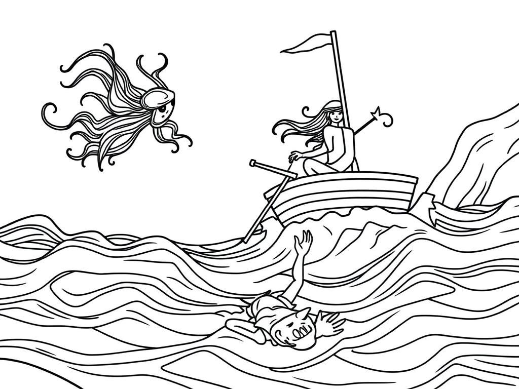 Sirens sneaking up a small boat and pulling a man down into the ocean - Free Printable Coloring Page