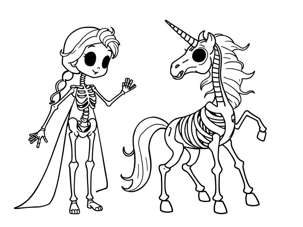 Skeleton Girl and Unicorn Halloween Coloring Page