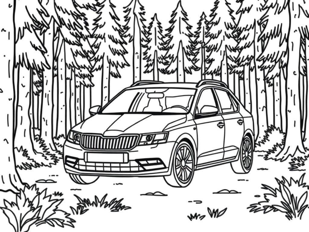 Car in Forest Vehicle Coloring Page