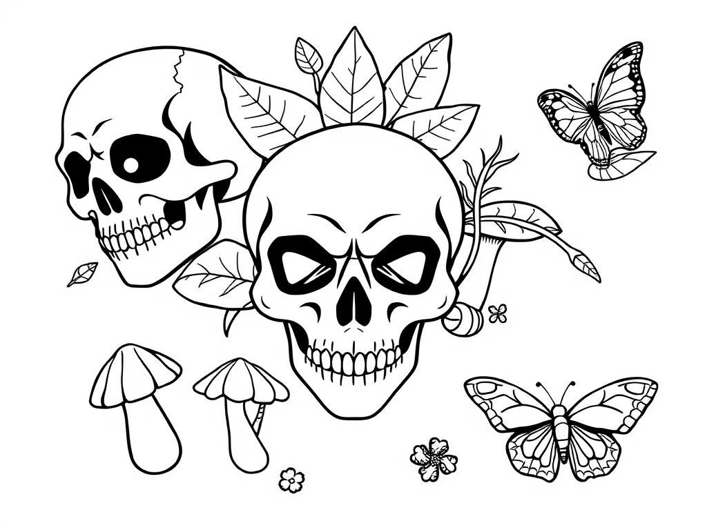 Preview of skulls with potleafs and mushrooms and butterfly and moths