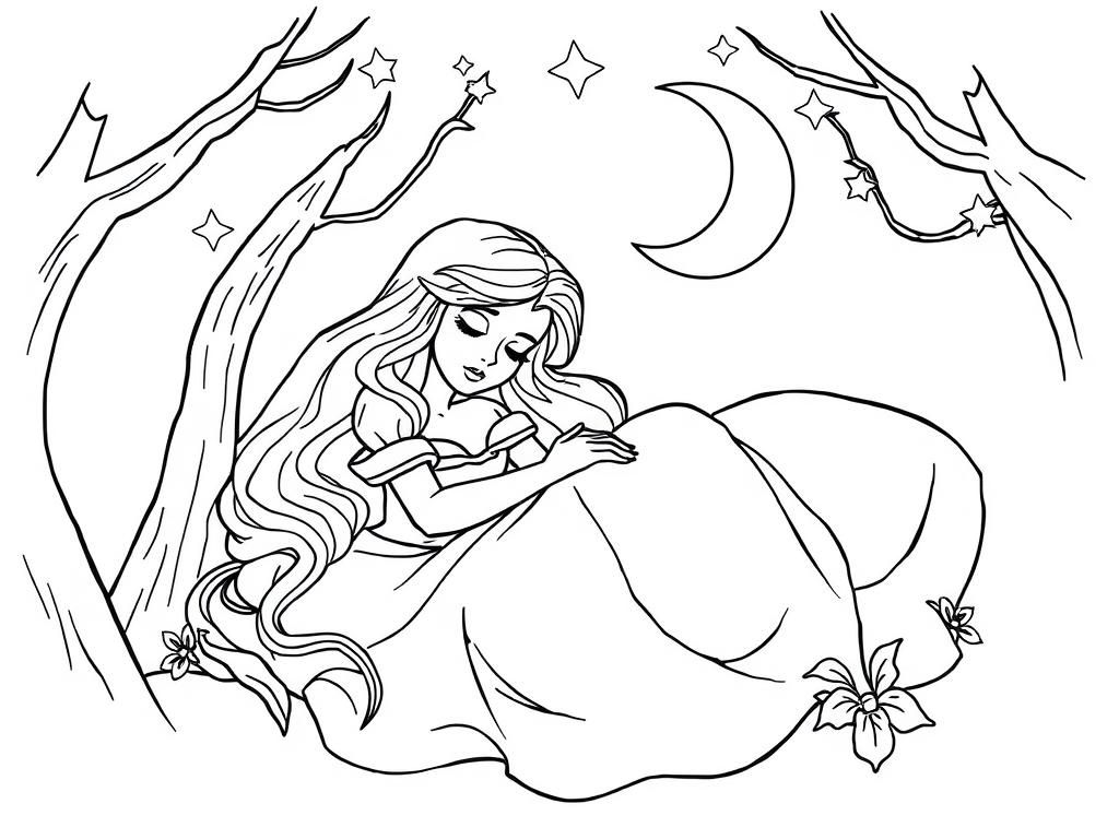Sleeping Beauty Coloring Page: A Magical Nighttime Scene