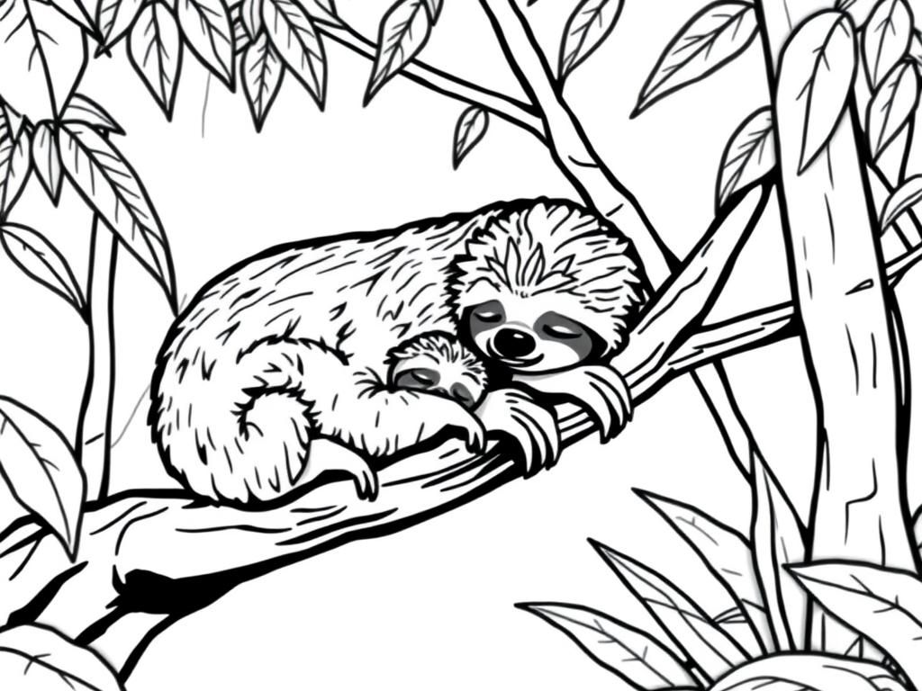Preview of sloth mum, child and dad sleeping in a rainforest