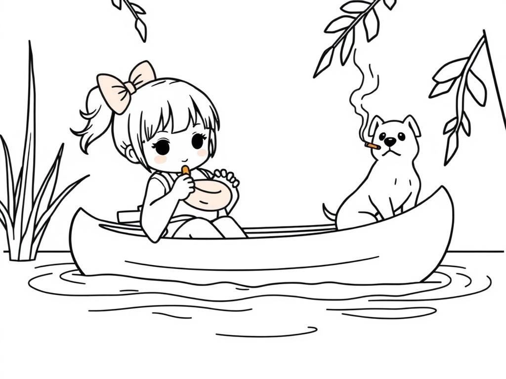 small japanese girl eating big sausages on a canoe with a brown dog smoking a cigarette butt  on big canoe and  looking both at right