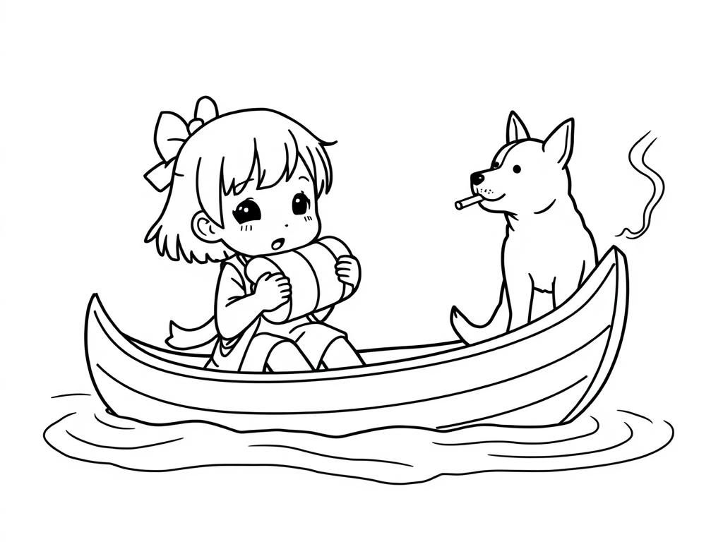 small japanese girl eating big sausages on a canoe with a brown dog smoking a cigarette butt  on big canoe and  looking both at right