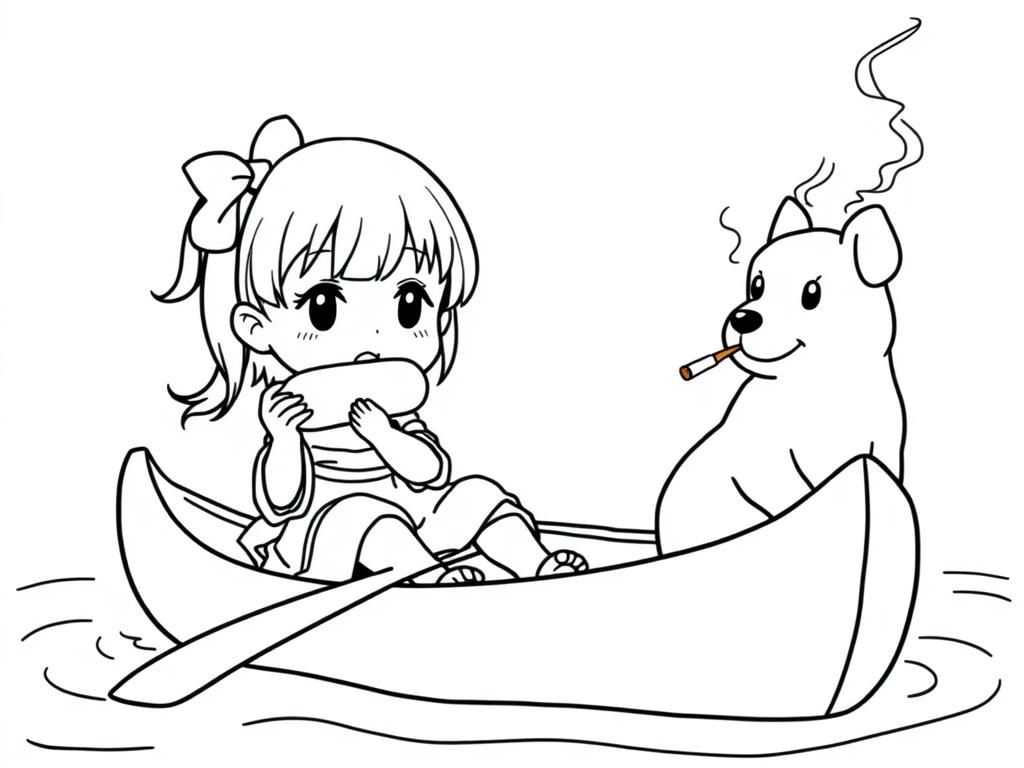 small japanese girl eating big sausages on a canoe with a brown dog smoking a cigarette butt  on big canoe and  looking both at right