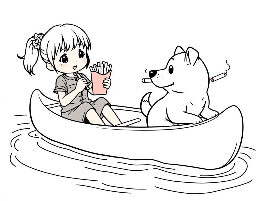 small japanese girl eating french fries on a canoe with a brown dog smoking a cigarette butt  on big canoe and  looking both at right