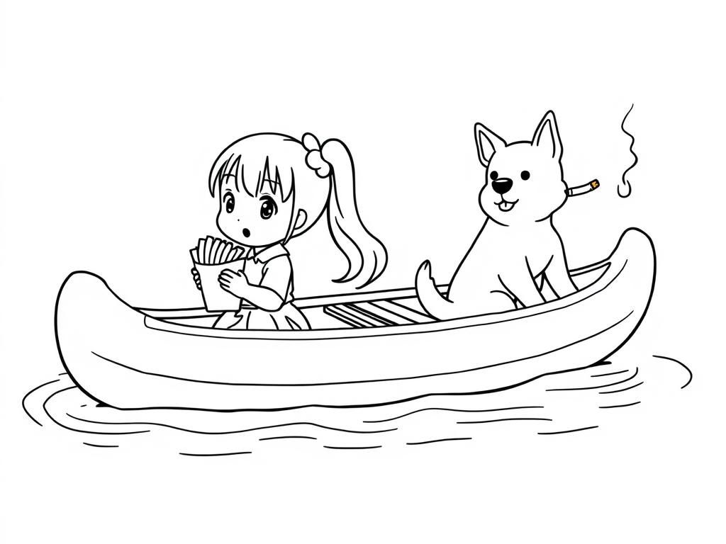 small japanese girl eating french fries on a canoe with a brown dog smoking a cigarette butt  on big canoe and  looking both at right