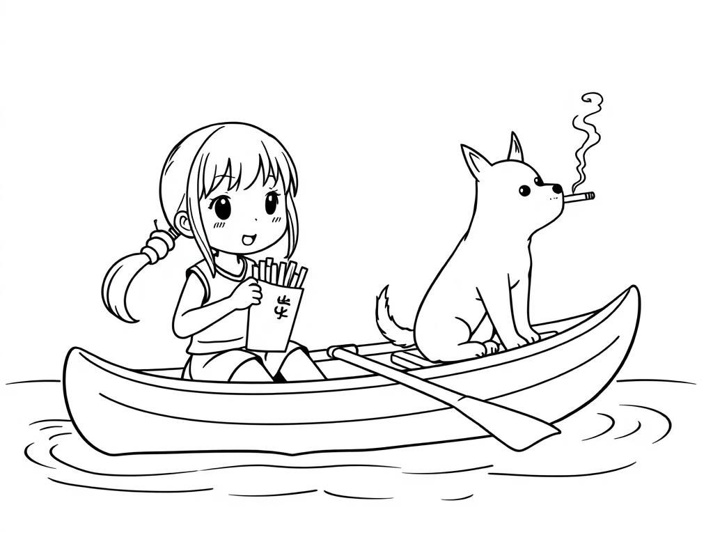 small japanese girl eating french fries on a canoe with a brown dog smoking a cigarette butt  on big canoe and  looking both at right