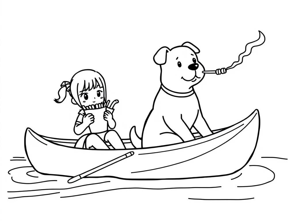 small japanese girl eating french fries on a canoe with a brown dog smoking a cigarette butt  on big canoe and  looking both at right