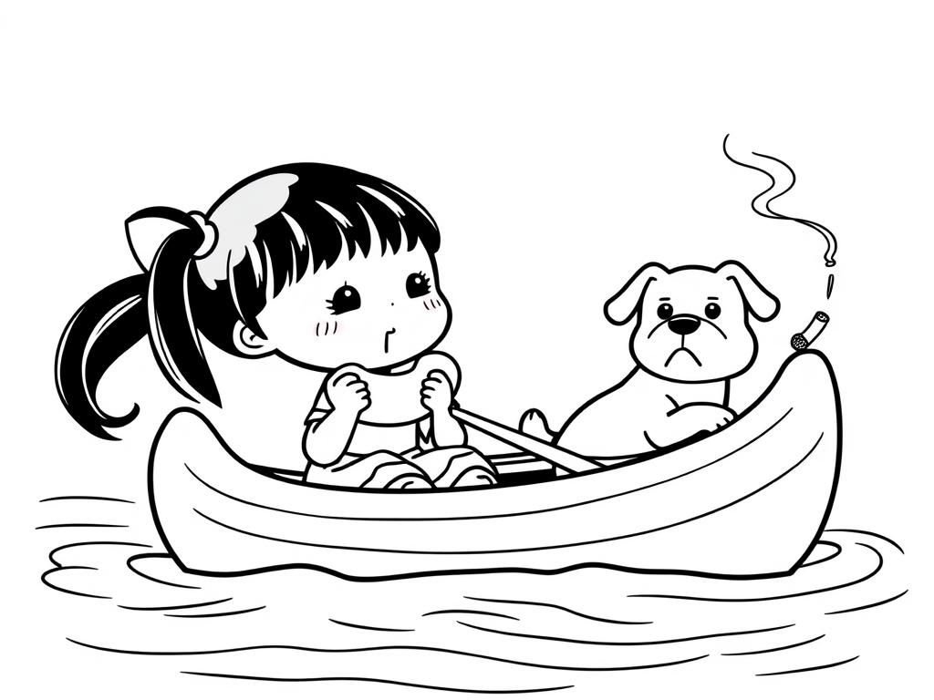 small japanese girl eating sausages on a canoe with a brown dog smoking a cigarette butt  on big canoe and  looking both at right