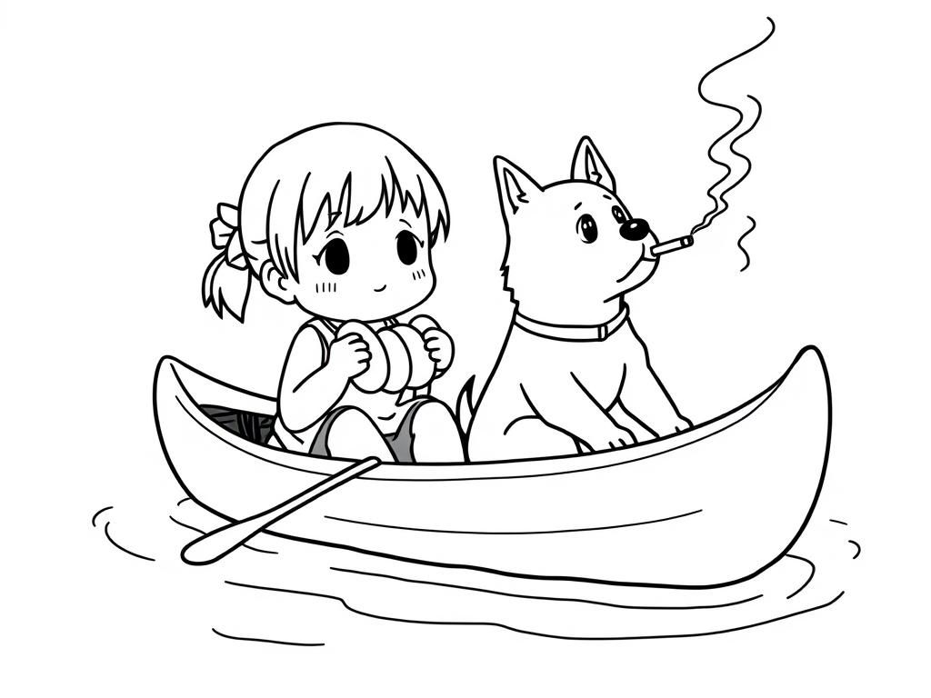 small japanese girl eating sausages on a canoe with a brown dog smoking a cigarette butt  on big canoe and  looking both at right