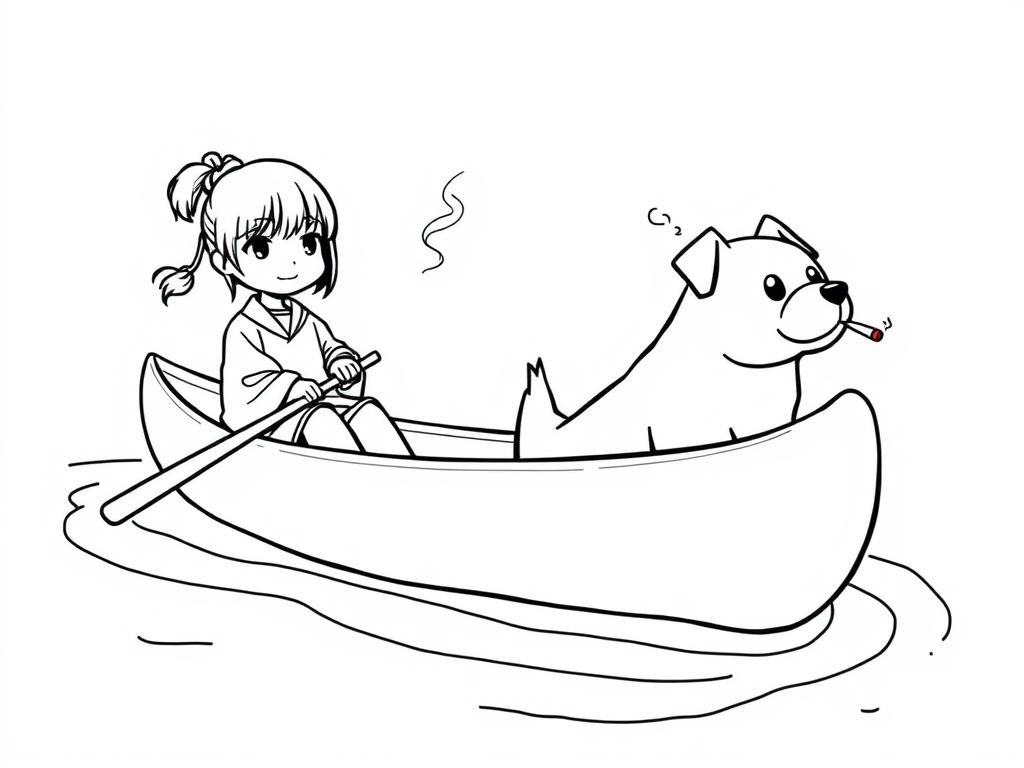 small japanese girl on a canoe with a brown dog smoking a cigarette butt  on big canoe and  looking both at right