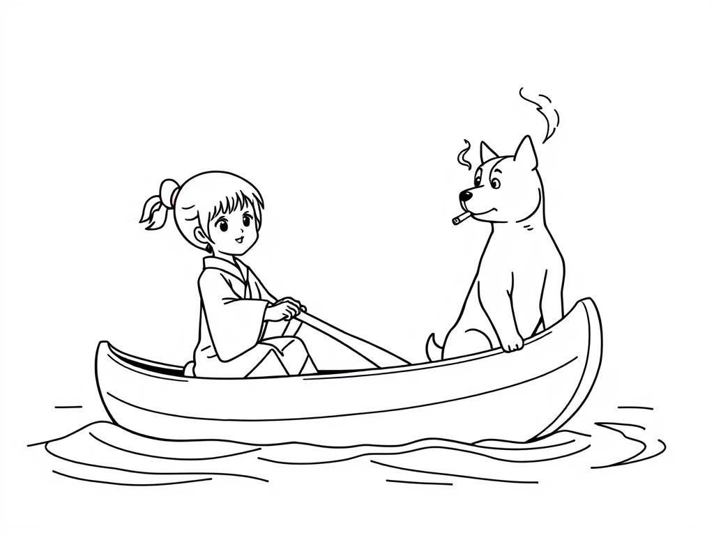 small japanese girl on a canoe with a brown dog smoking a cigarette butt  on big canoe and  looking both at right