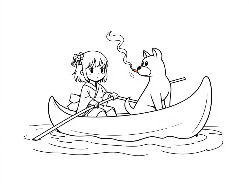 small japanese girl on a canoe with a brown dog smoking a cigarette butt  on big canoe and  looking both at right