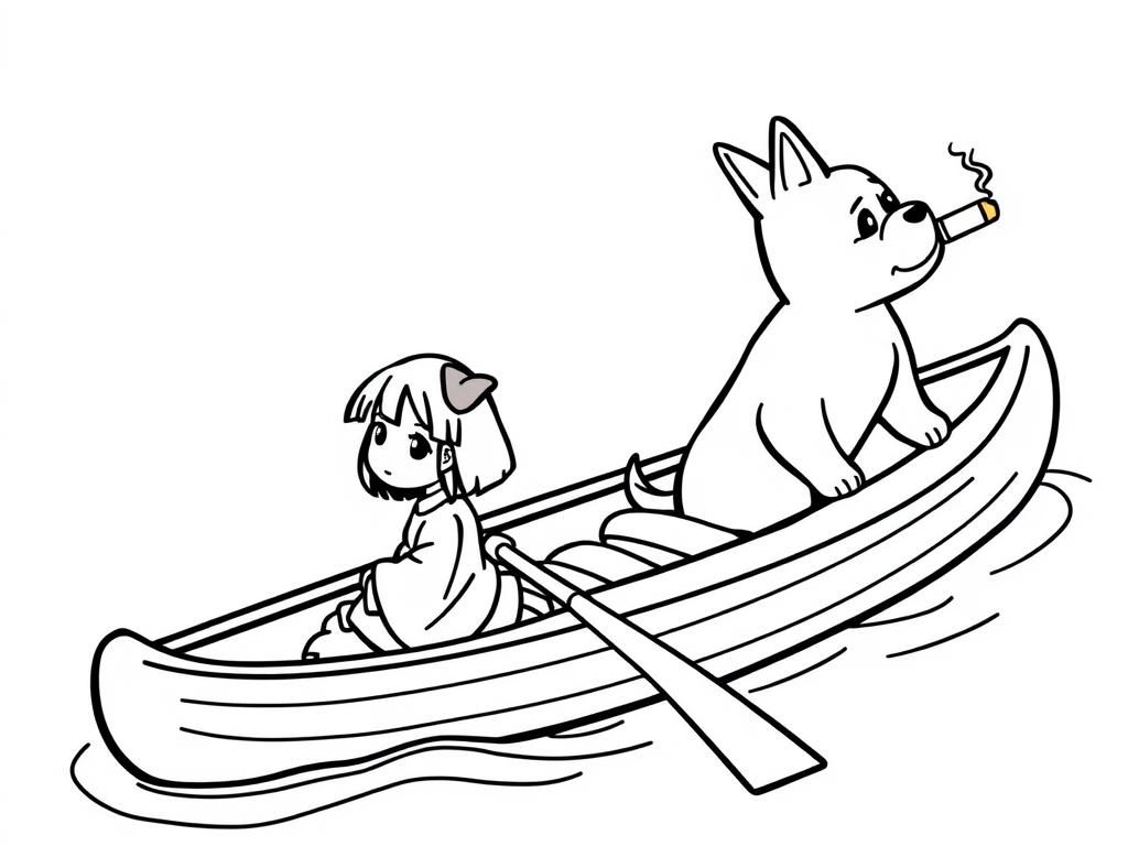 small japanese girl on a canoe with a brown dog smoking a cigarette butt  on big canoe and  looking both at right