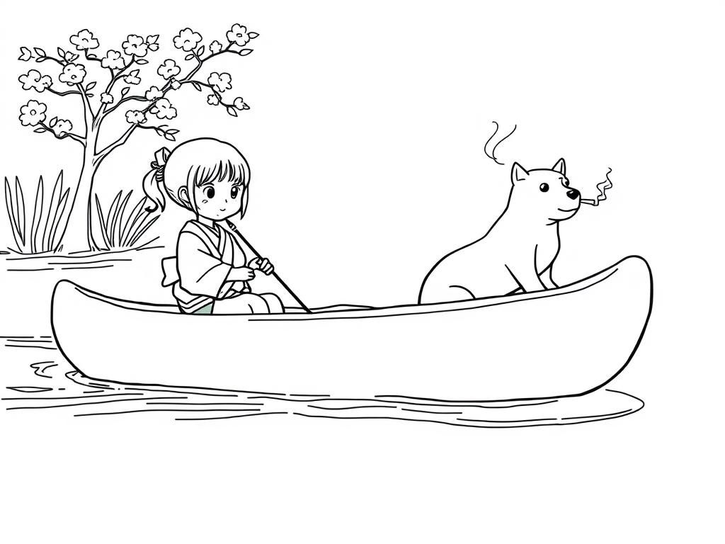 small japanese girl on a canoe with a brown dog smoking a cigarette butt  on big canoe and  looking both at right