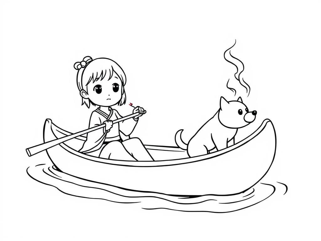 small japanese girl on a canoe with a brown dog smoking a cigarette butt  on big canoe and  looking both at right