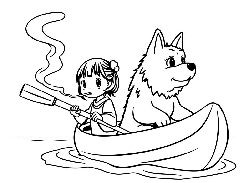 small japanese girl with a brown cigarette butt smokingdog  on big canoe and  looking both at right