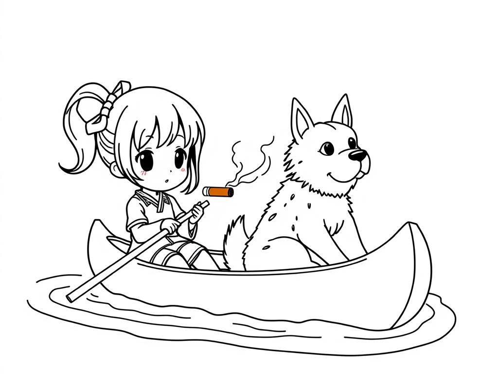 small japanese girl with a brown cigarette butt smokingdog  on big canoe and  looking both at right