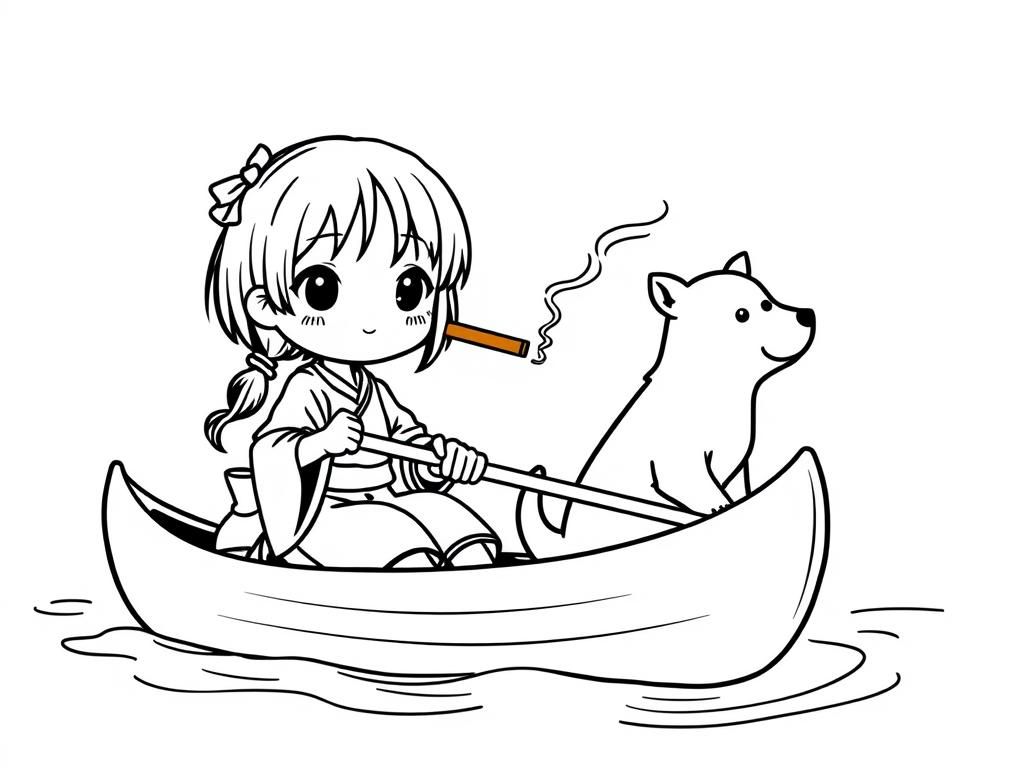 small japanese girl with a brown cigarette butt smokingdog  on big canoe and  looking both at right