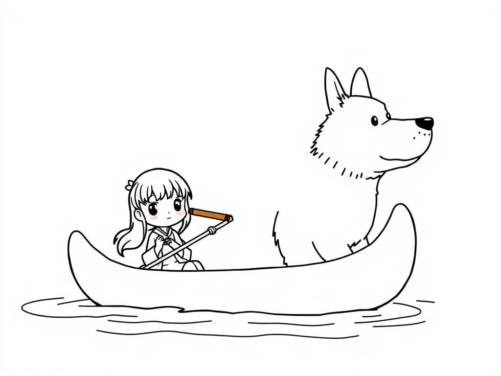 small japanese girl with a brown cigarette butt smokingdog  on big canoe and  looking both at right