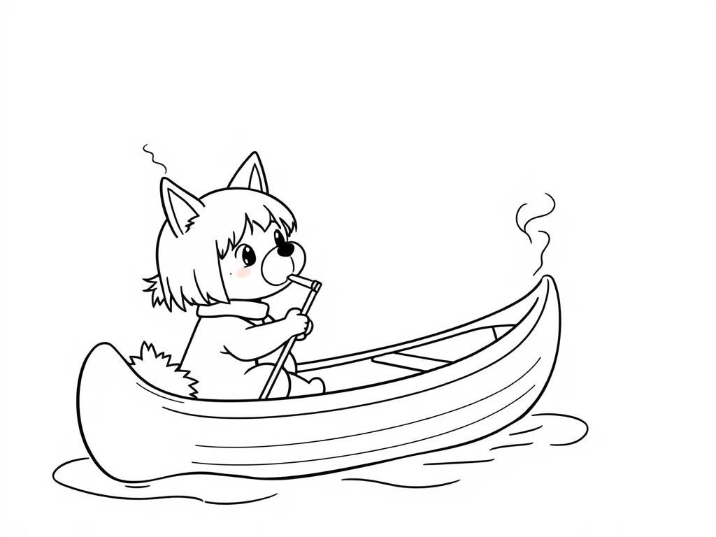 small japanese girl with a brown dog smoking a cigarette butt  on big canoe and  looking both at right