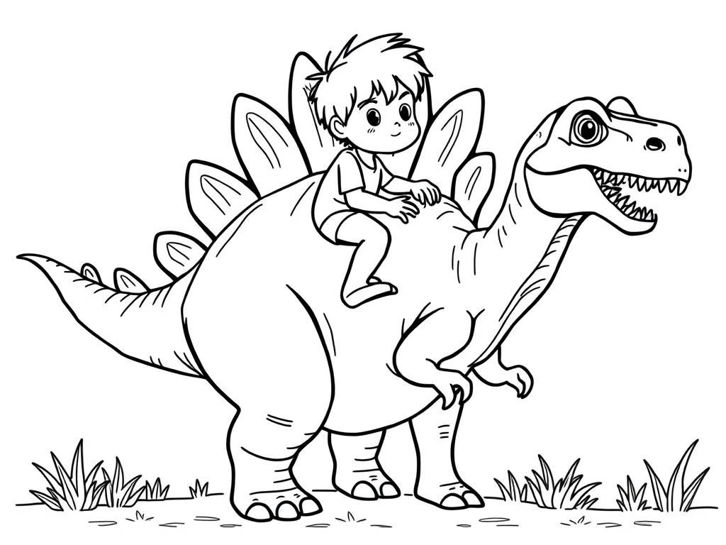 Boy Riding Dinosaur Coloring Page
