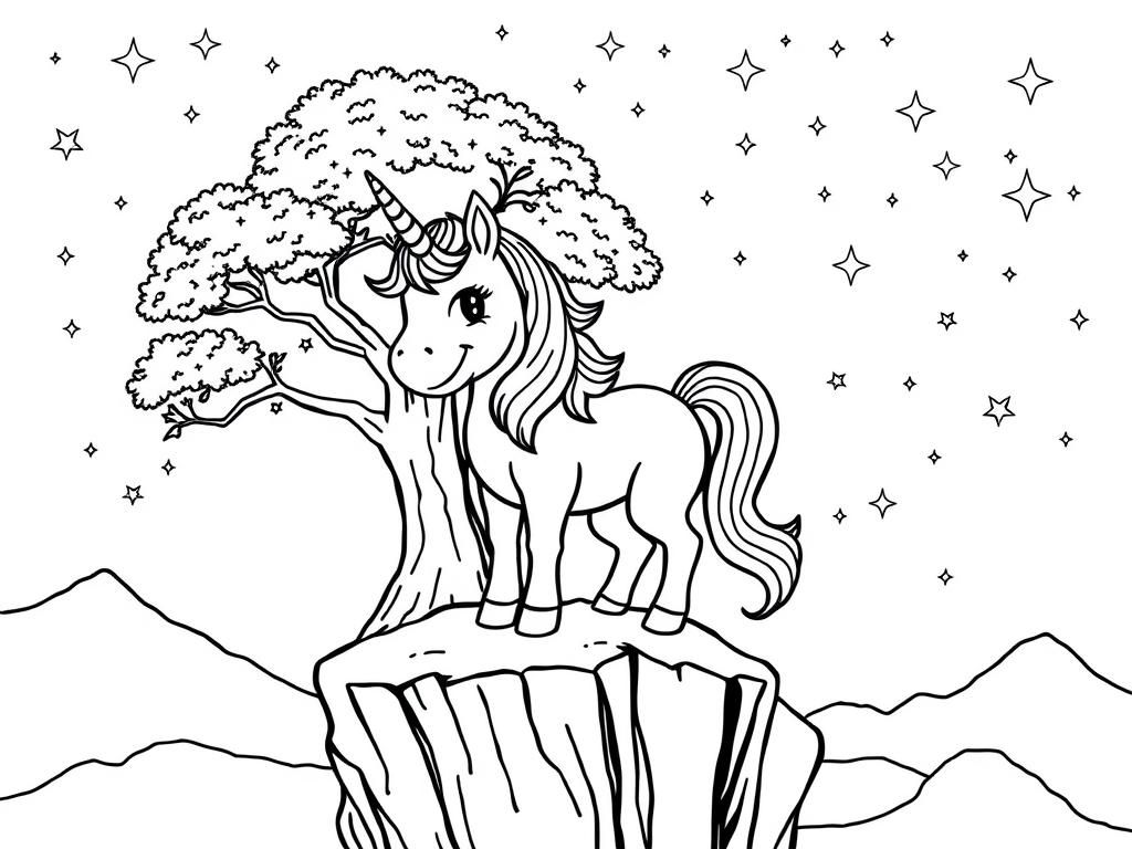 Unicorn Under Starry Night Sky Coloring Page