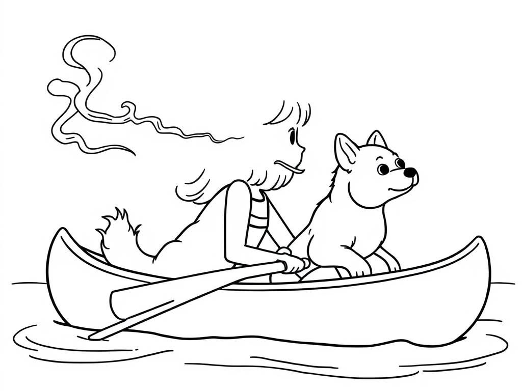 smoking manga girl with a brown dog  on big canoe and  looking both at right